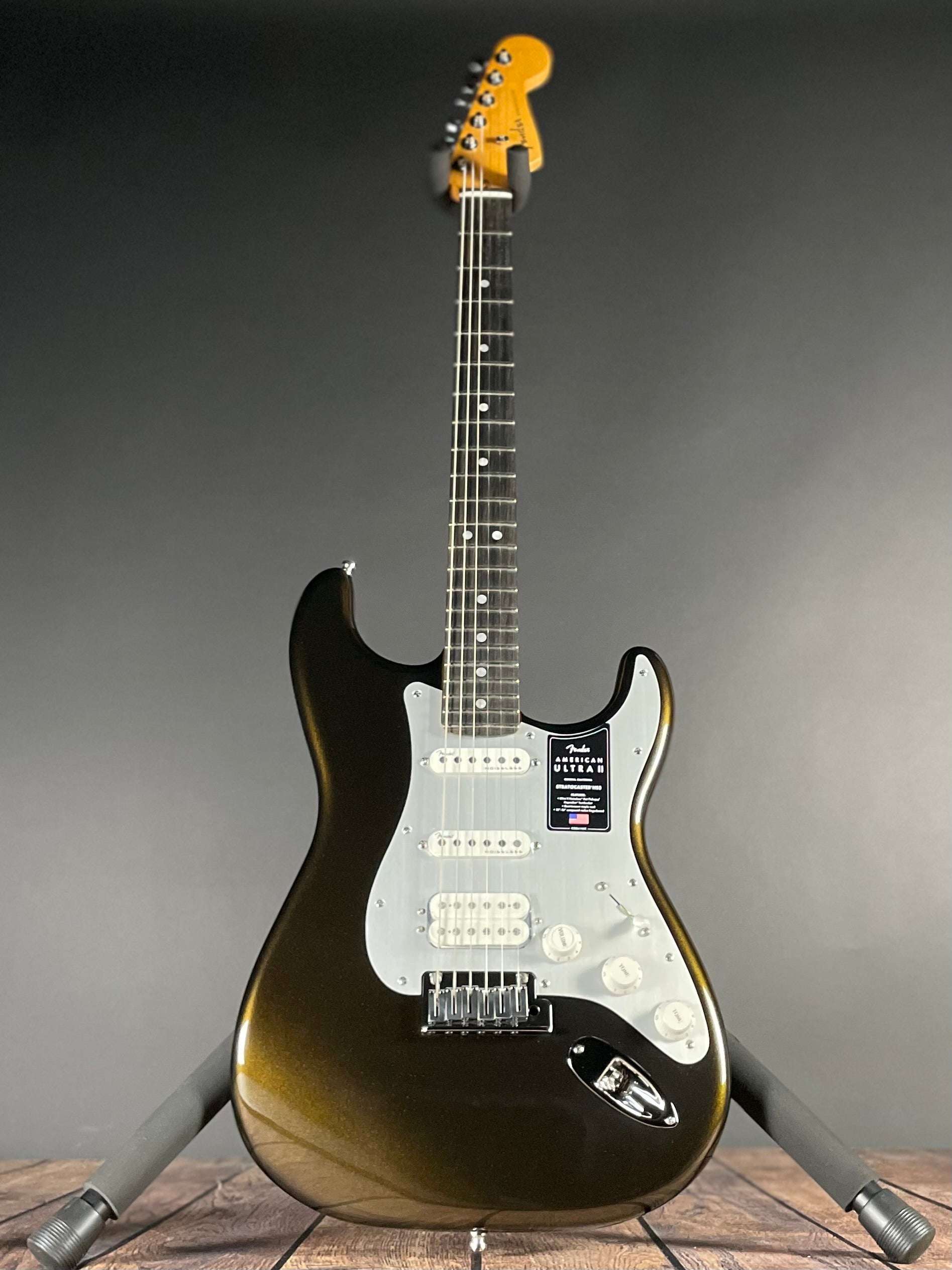 Fender American Ultra II Stratocaster HSS, Ebony- Texas Tea (8lbs 3oz) - Metronome Music Inc.