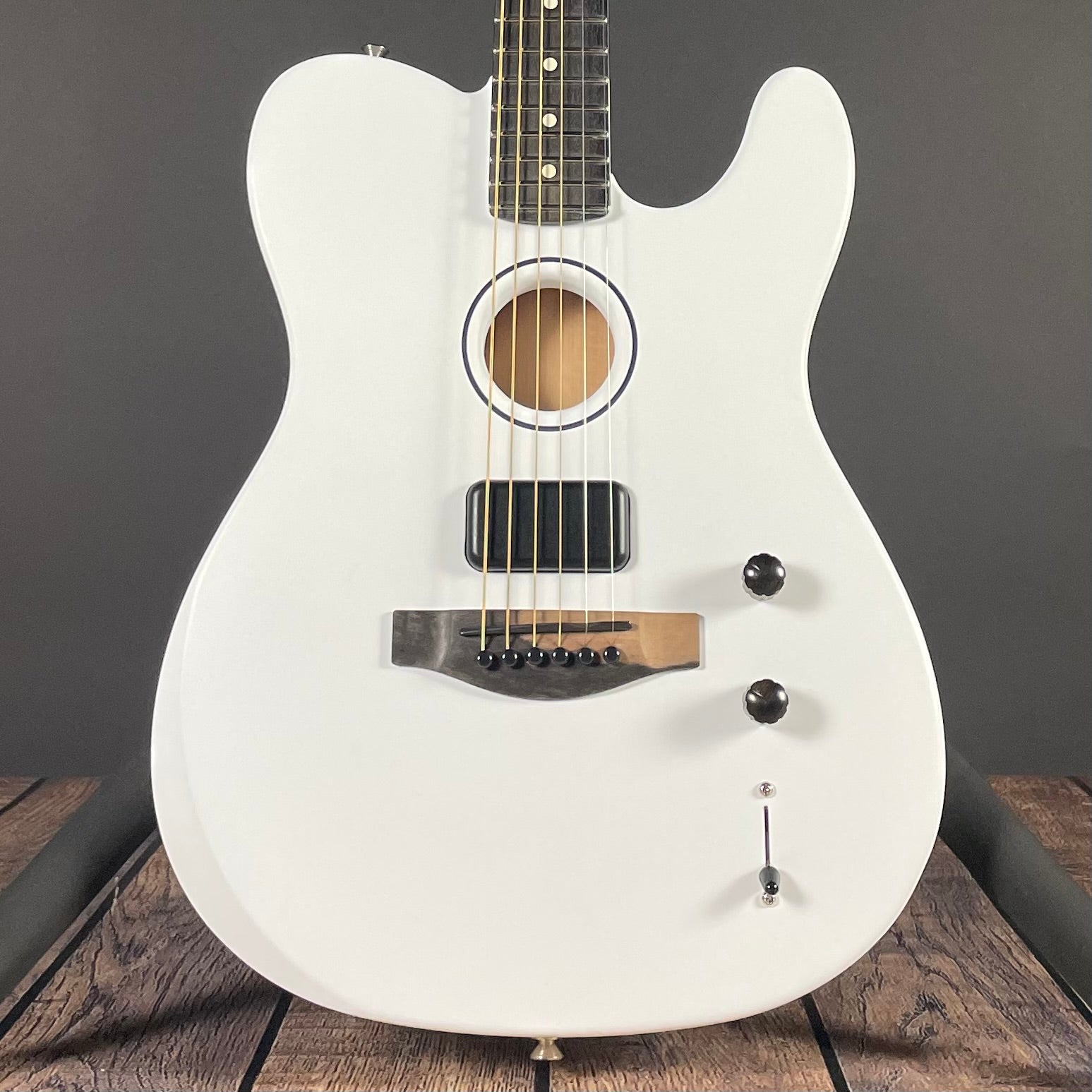Fender Limited FINNEAS American Acoustasonic Telecaster - Satin Arctic White - Metronome Music Inc.