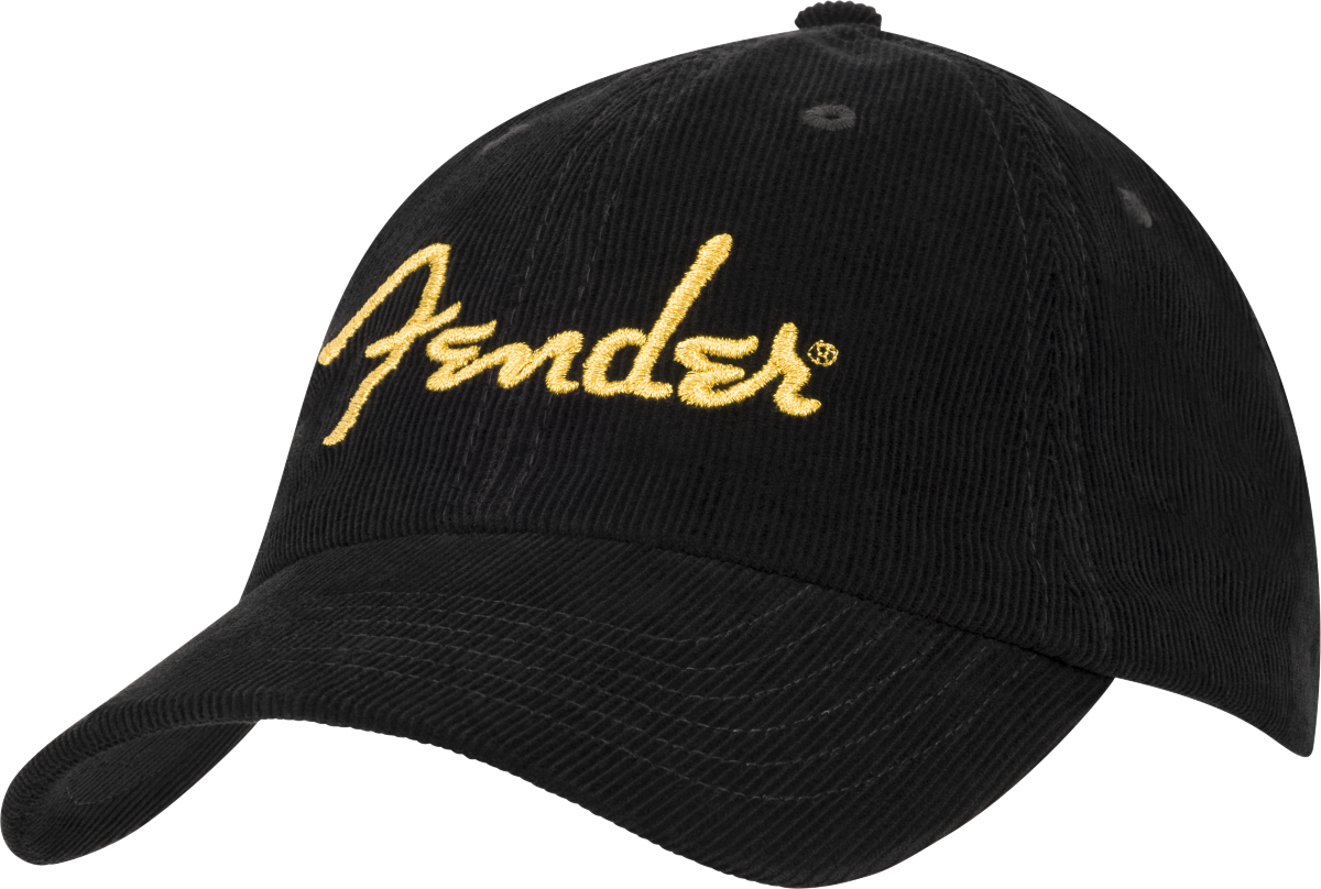 Fender Gold Spaghetti Logo Corduroy Baseball Hat, Black, One Size - Metronome Music Inc.