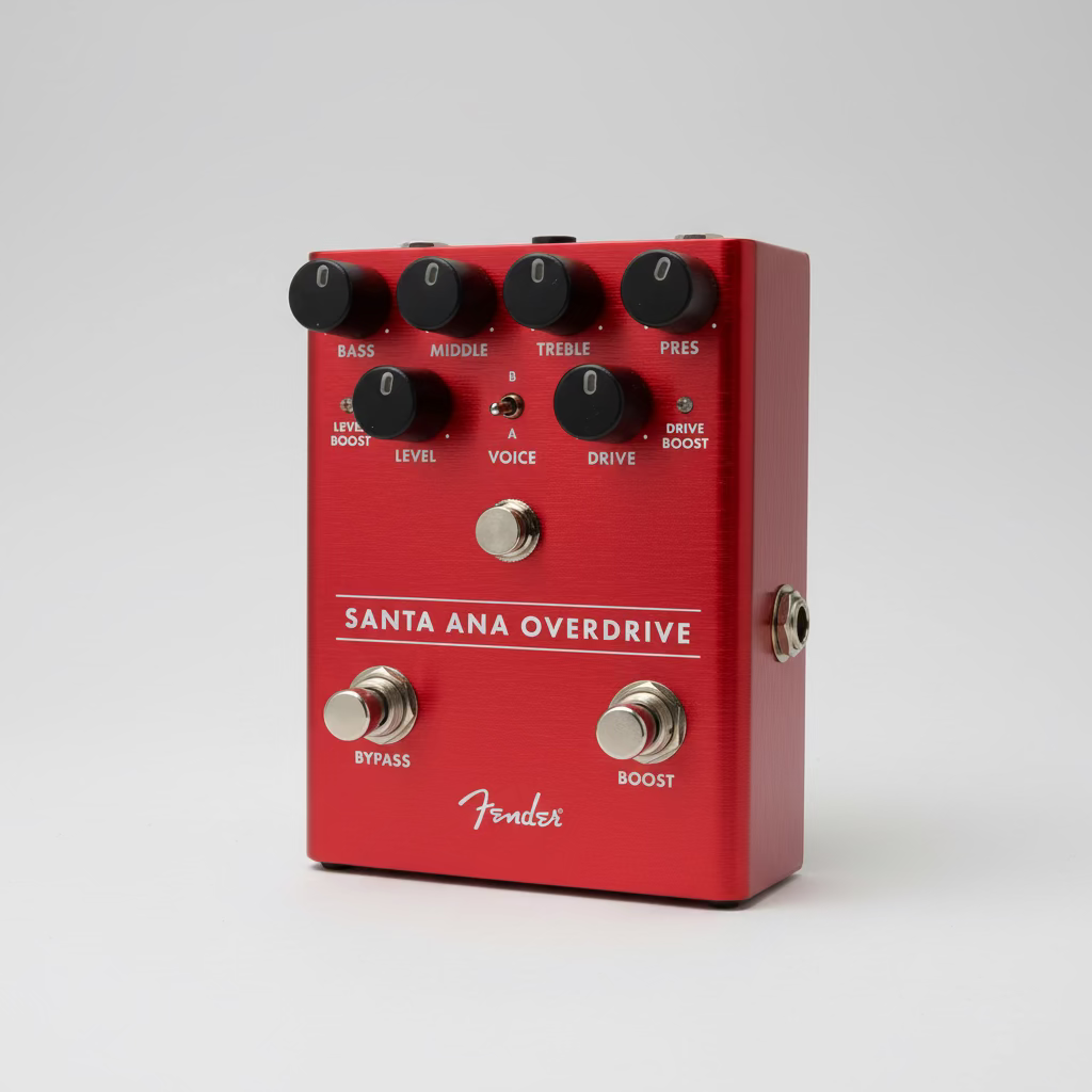Red Fender Santa Ana Overdrive guitar effects pedal on a wooden surface.