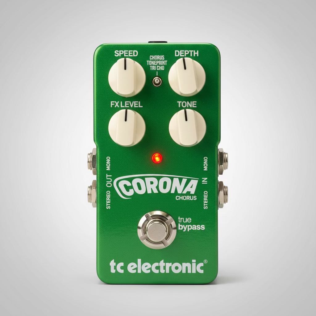 Green guitar effects pedal with 'Corona Chorus' branding on a wooden surface.