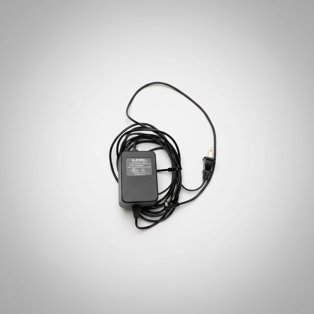 Power adapter with a coiled cable on a wooden surface