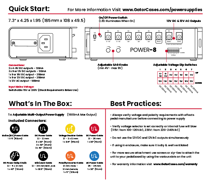 Guitar Effects Pedal Power Supply with 8 Isolated Outputs - Metronome Music Inc.