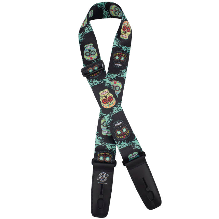 Lock-it Straps 2" wide poly plush series strap, Psychedelic Sunburst, with built in locks and leather ends. Made in USA - Metronome Music Inc.