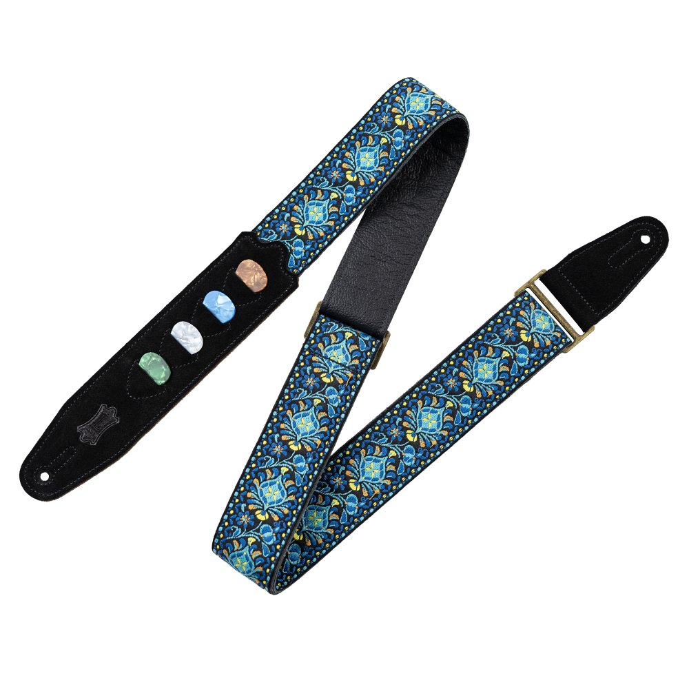 Levy's Vintage Hootenanny Series Guitar Strap, Pick Holder - Blue - Metronome Music Inc.