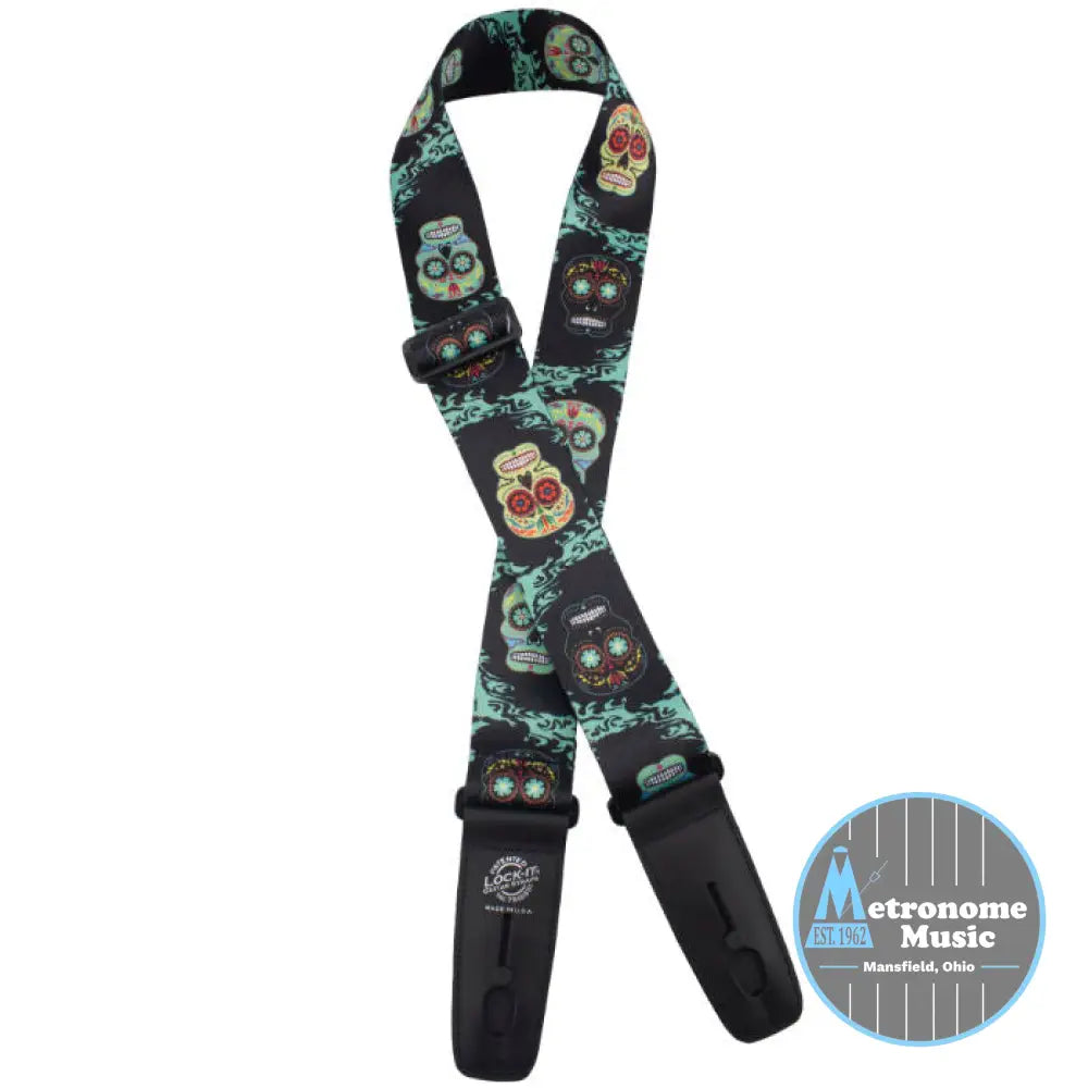 Lock-it Straps 2" wide poly plush series strap, Psychedelic Sunburst, with built in locks and leather ends. Made in USA - Metronome Music Inc.