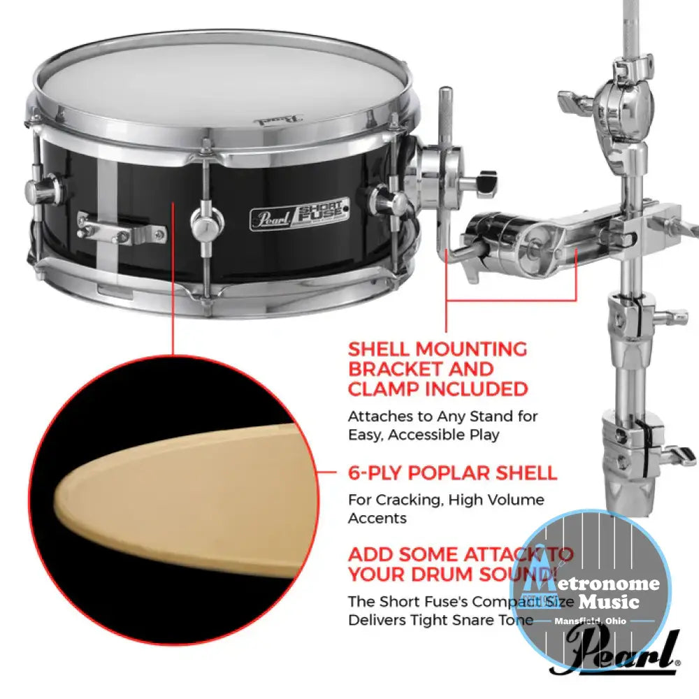 Pearl Short Fuse 10’’x4.5’’ Snare w/Mount & Clamp Jet Black - Snare Drum