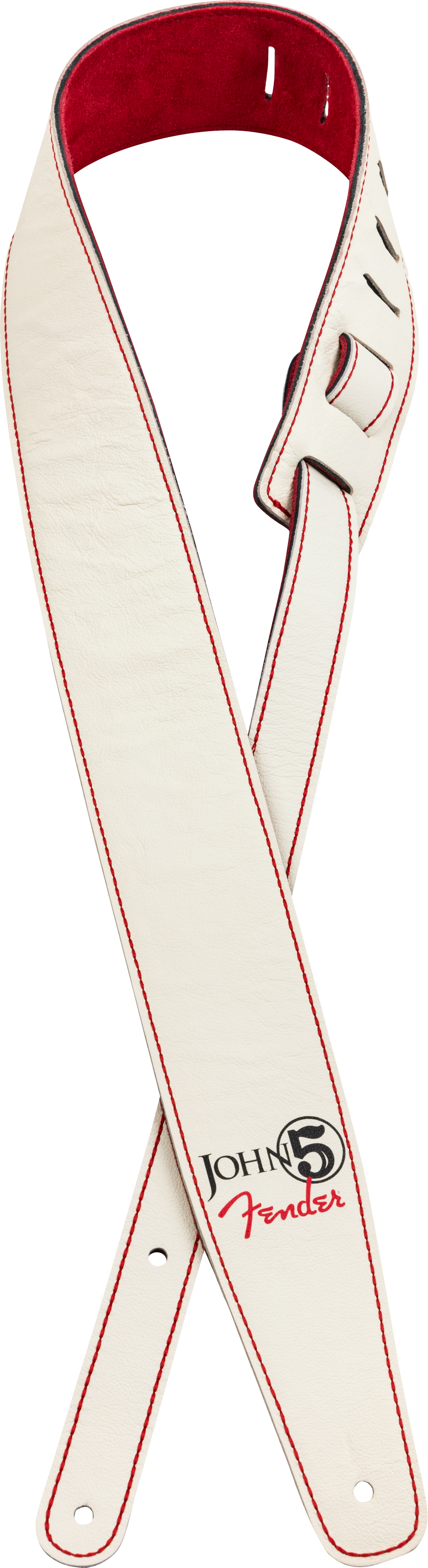 FENDER  John 5 Leather Strap, White and Red - Metronome Music Inc.
