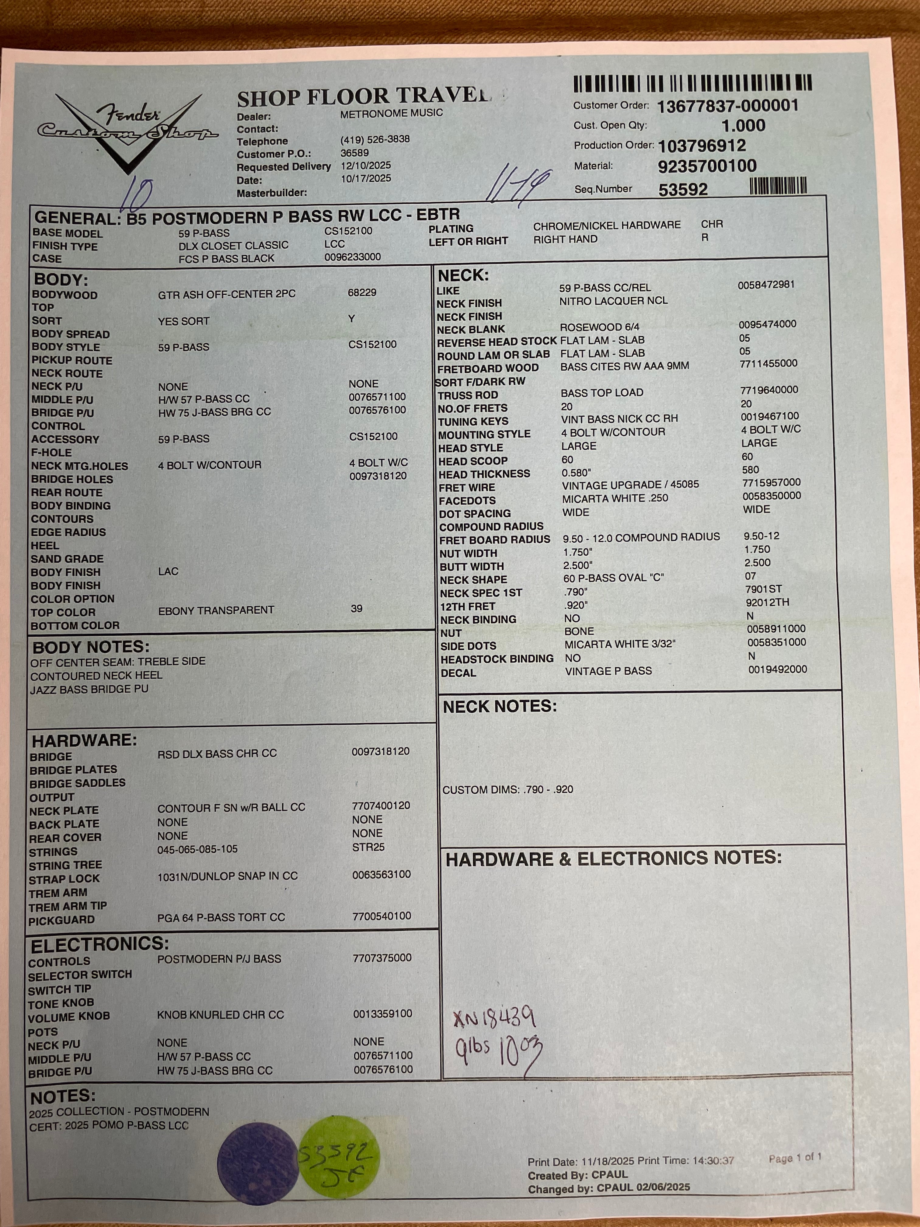 Fender Custom Shop Postmodern Precision Bass DLX Closet Classic Rosewood Neck Ebony Transparent