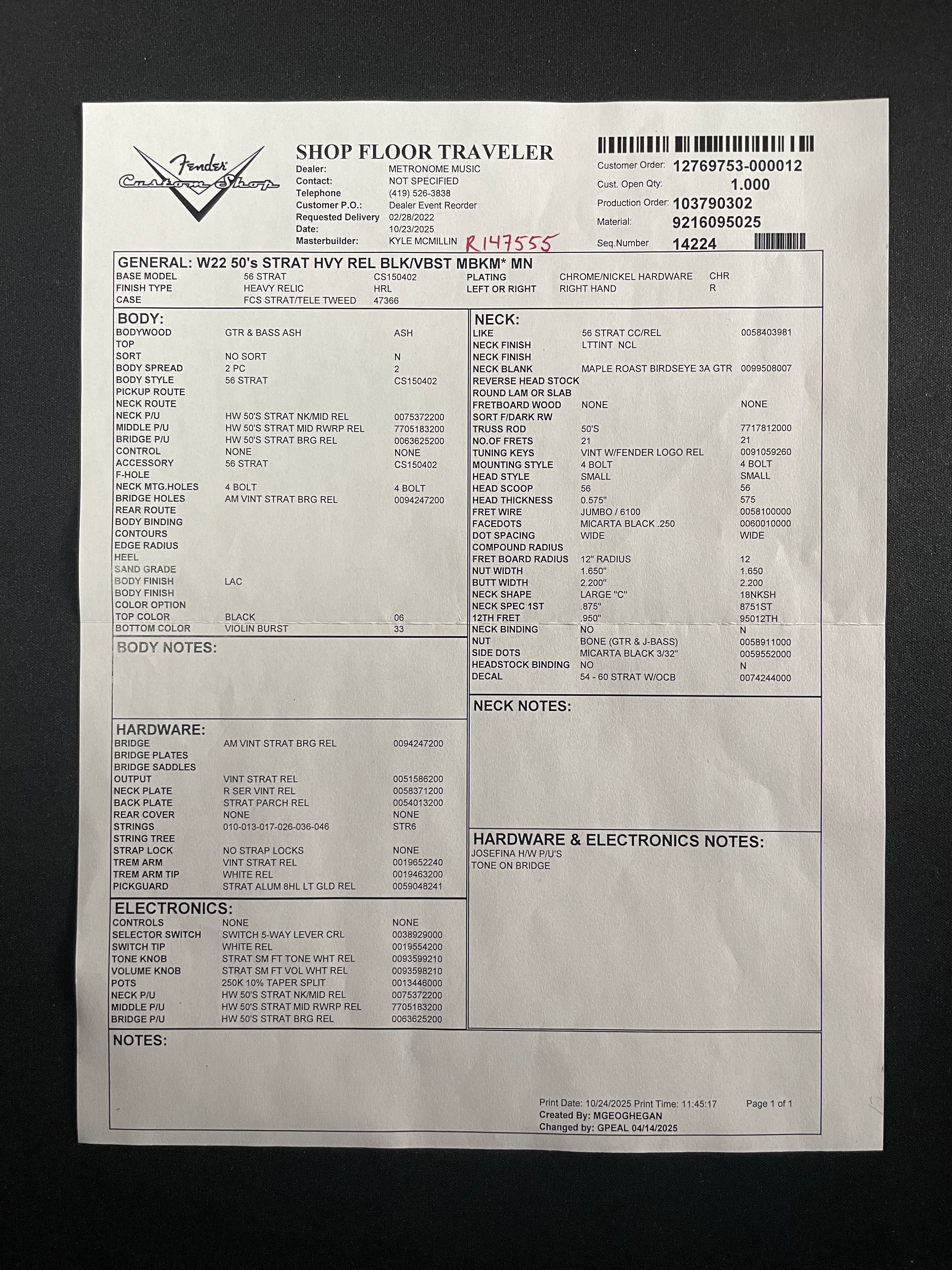 Fender Custom Shop Master Built 50s Stratocaster Heavy Relic Black/Violin Burst - Metronome Music Inc.