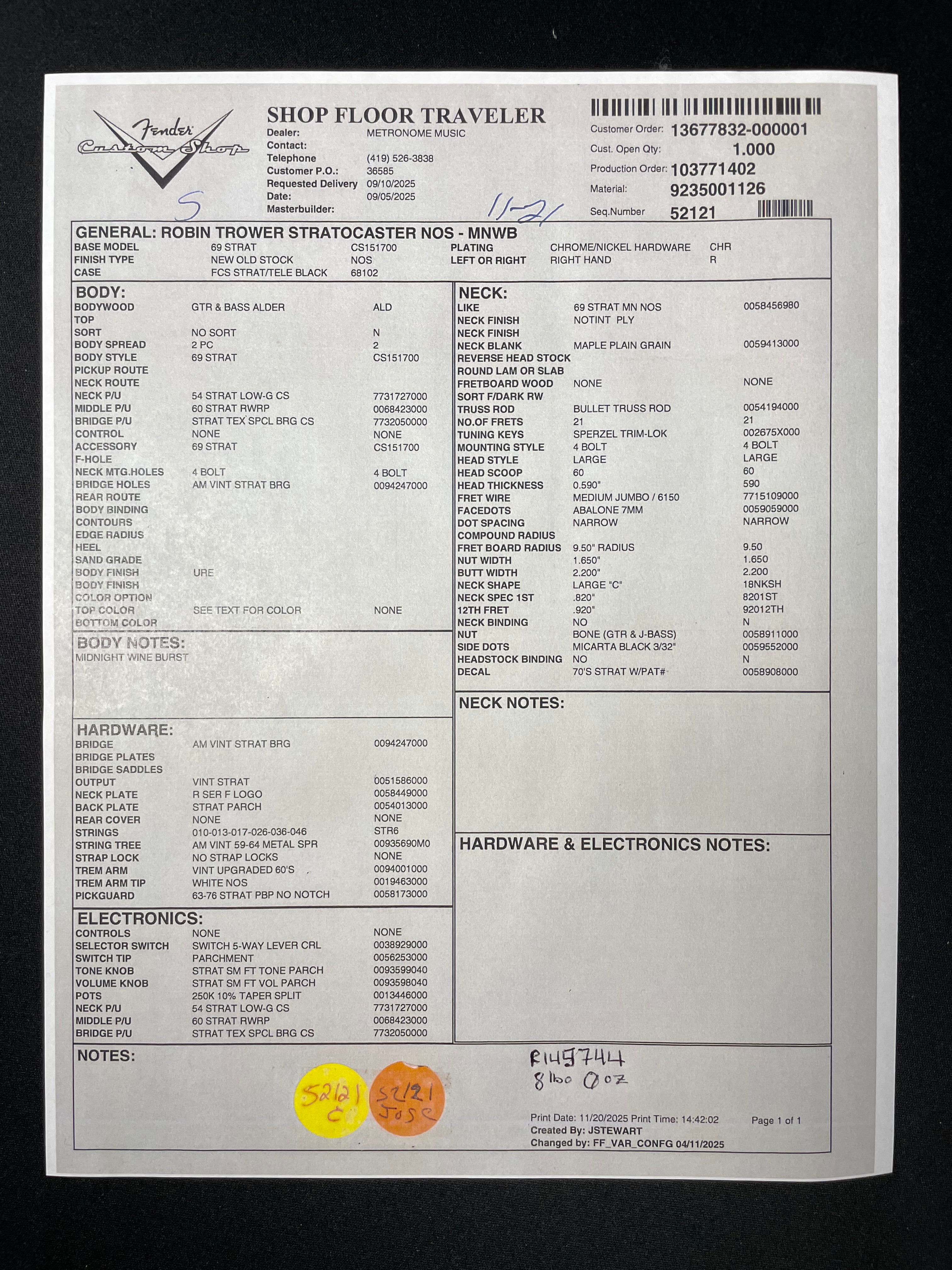 Fender Custom Shop Robin Trower Stratocaster NOS - Midnight Wine Burst