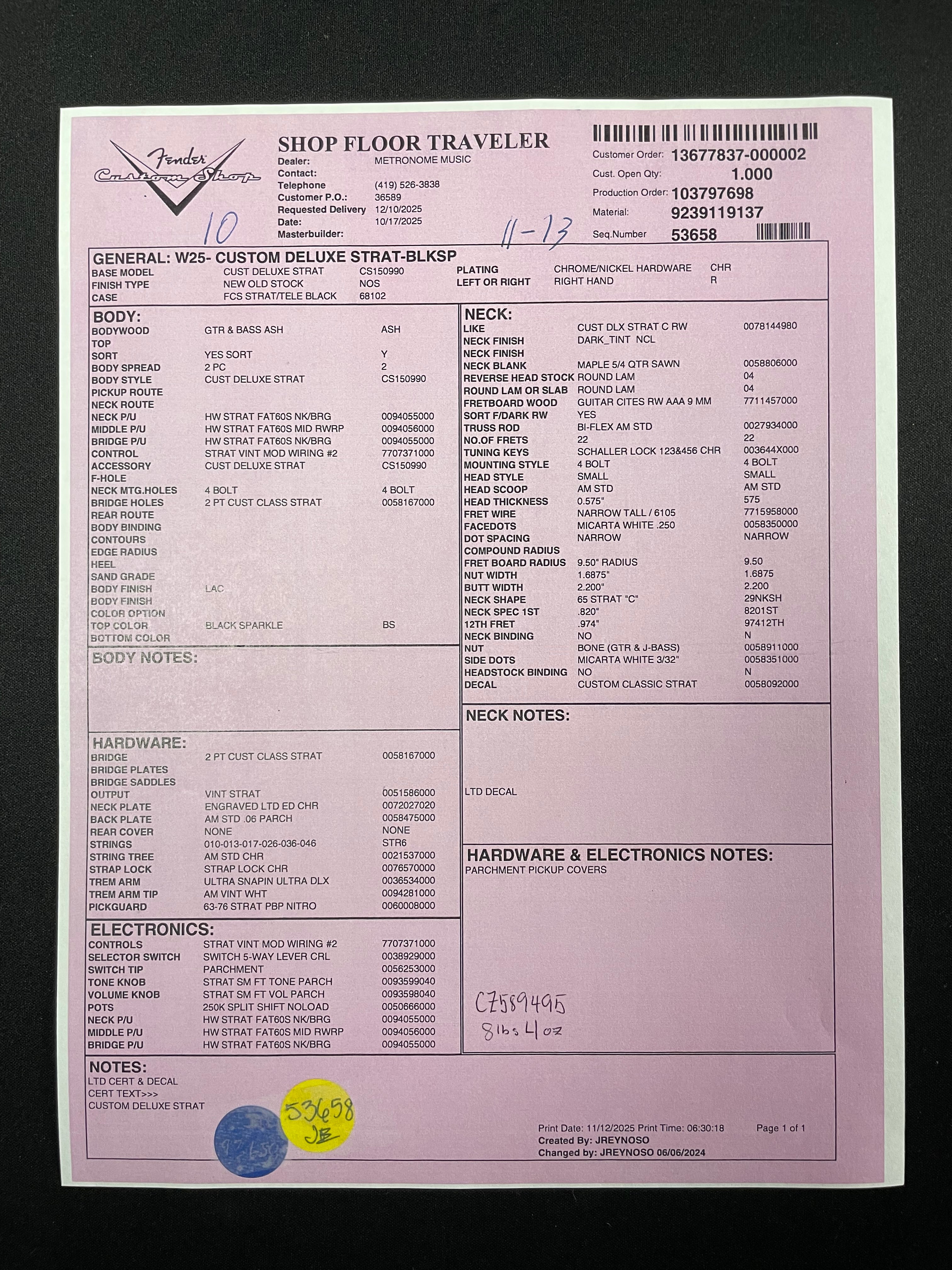 Fender Custom Shop Custom Deluxe Strat NOS - Black Sparkle (2025)