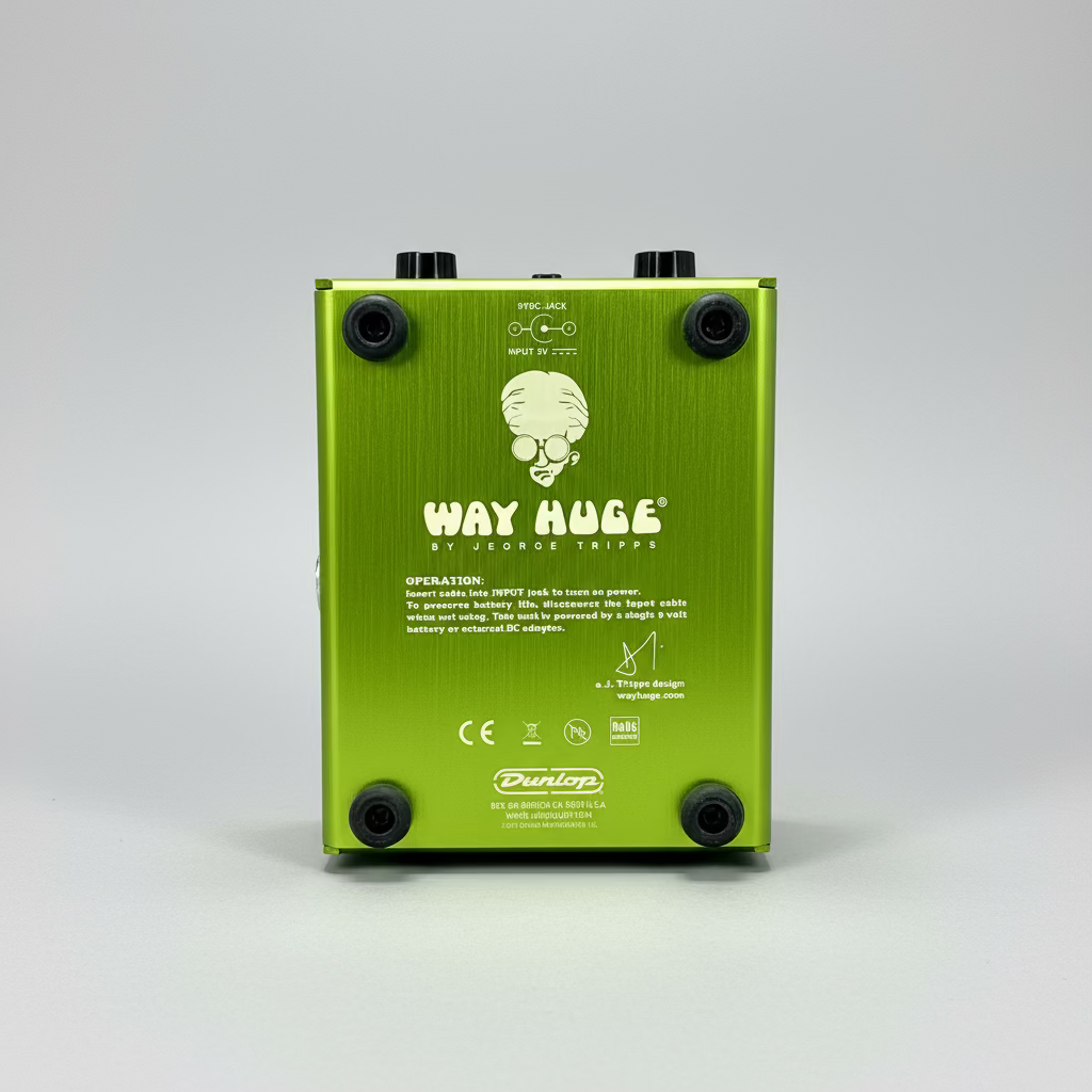 Green guitar effects pedal with 'Way Huge' branding on a reflective surface.