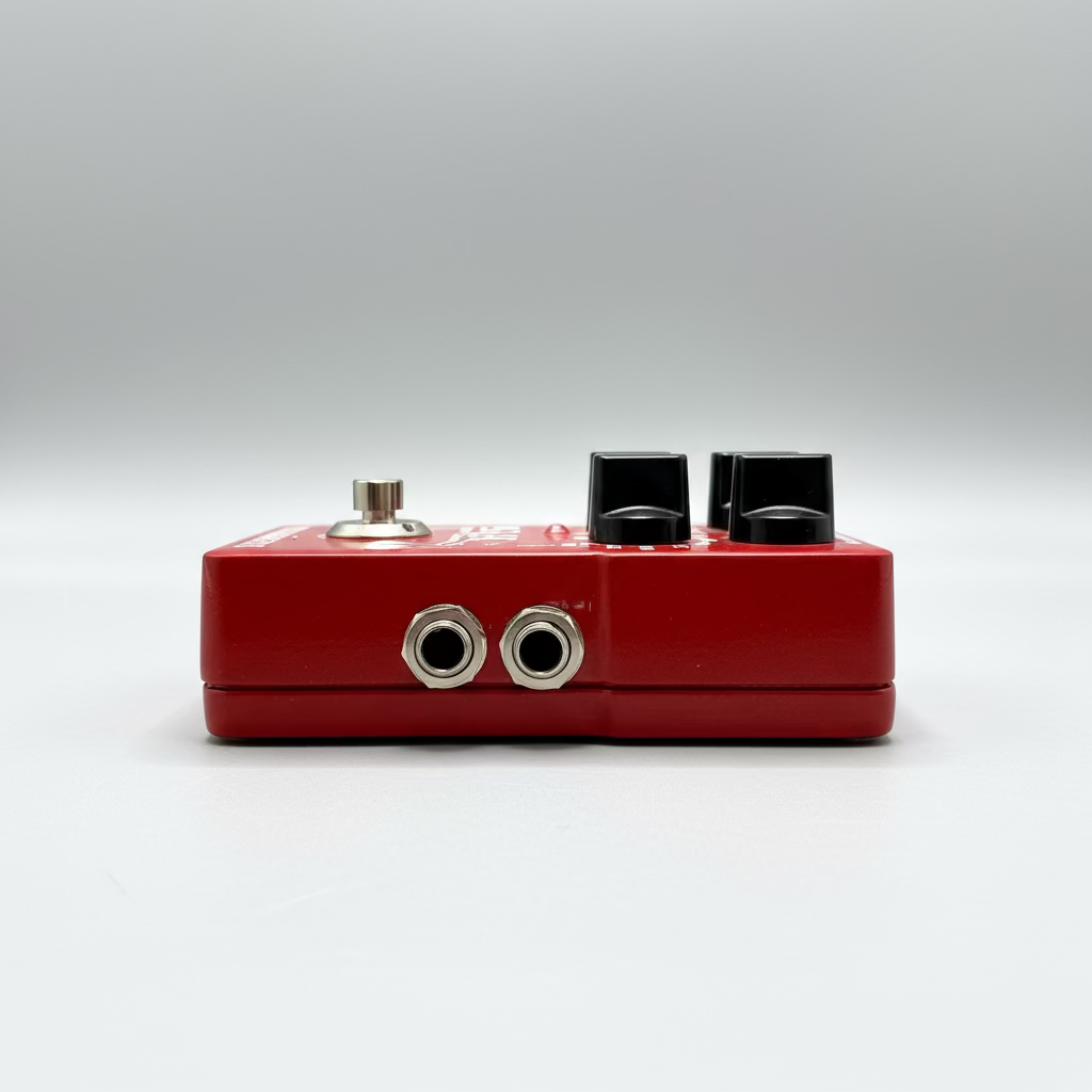 Red guitar effects pedal on a table with a blurred indoor background