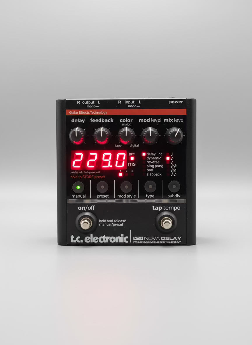 T.C. Electronic Nova Delay guitar effects pedal with digital display on a wooden surface.