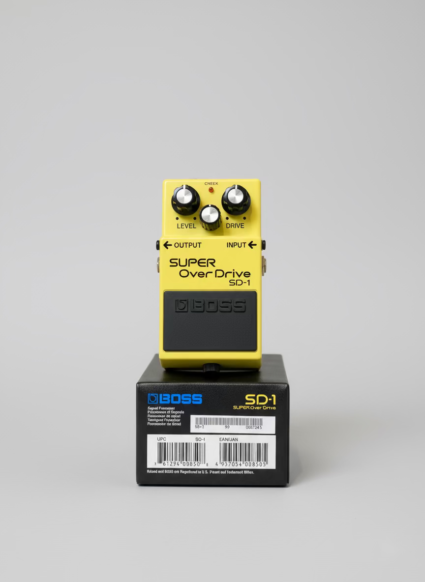 Boss Super Overdrive SD-1 guitar effects pedal with packaging in a music store setting