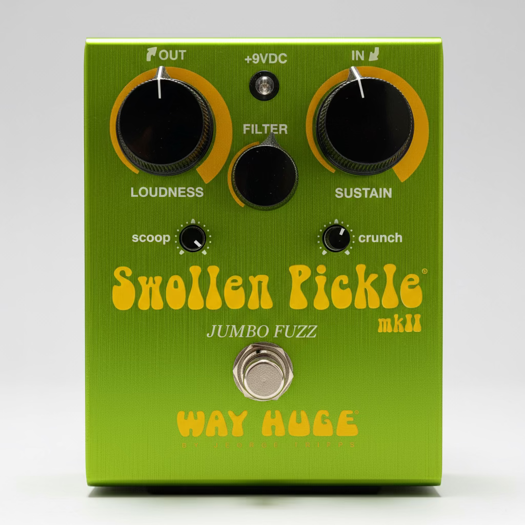 Green guitar effects pedal with 'Snollen Pickle' branding on a wooden surface.