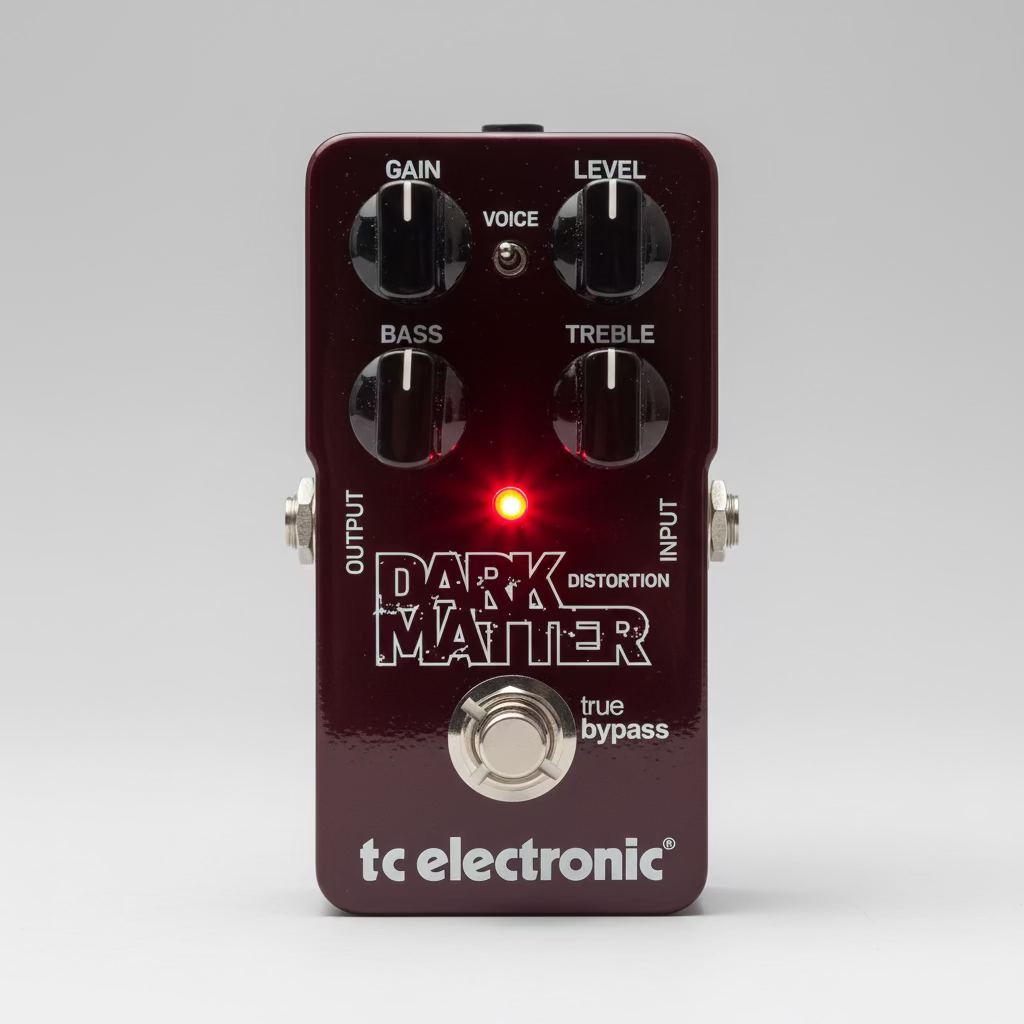 Guitar effects pedal with 'Dark Matter Distortion' and 'tc electronic' branding on a wooden surface.