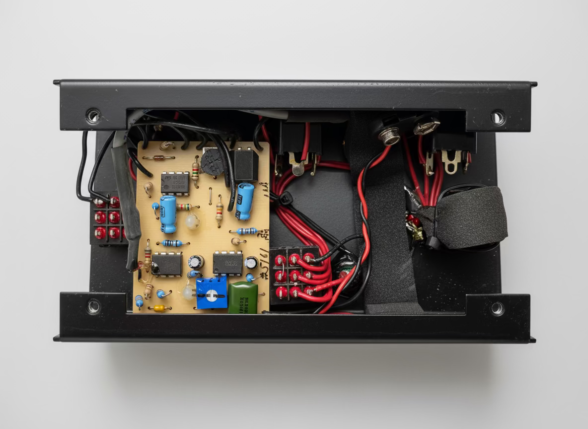 Electrical panel with wiring and components on a metallic surface