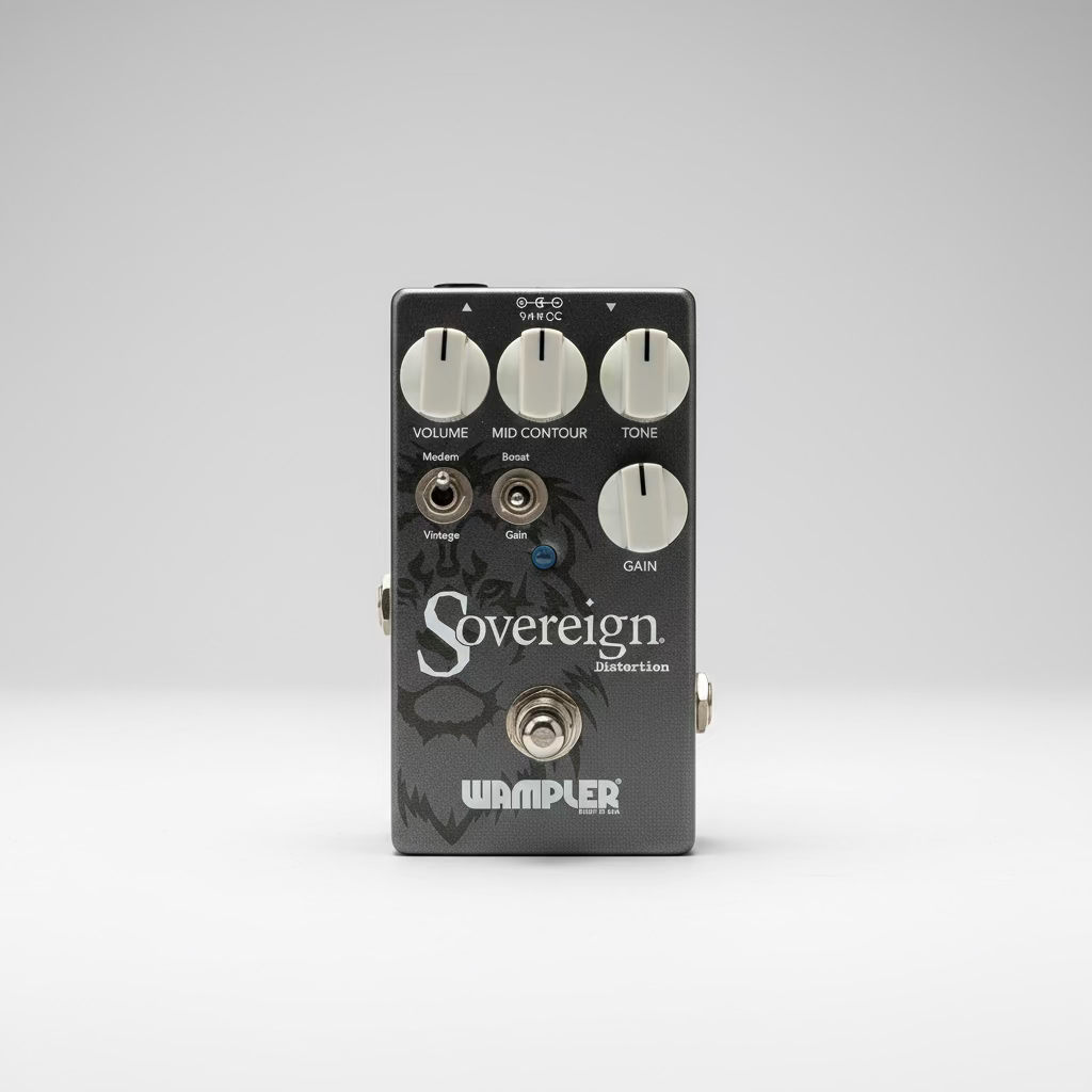 Wampler Sovereign Distortion pedal on a table with a blurred background