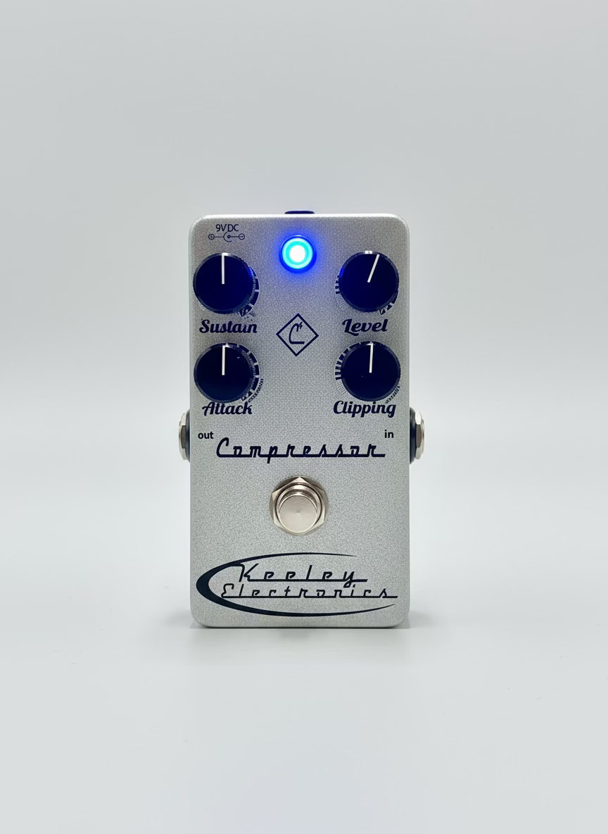 Compressor pedal with blue lights and labeled knobs on a metallic surface.
