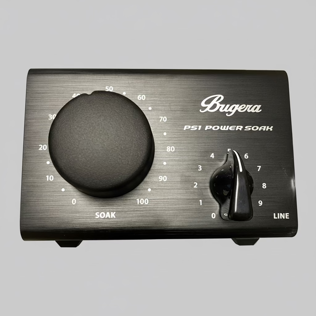 Audio power amplifier with control knobs on a light background