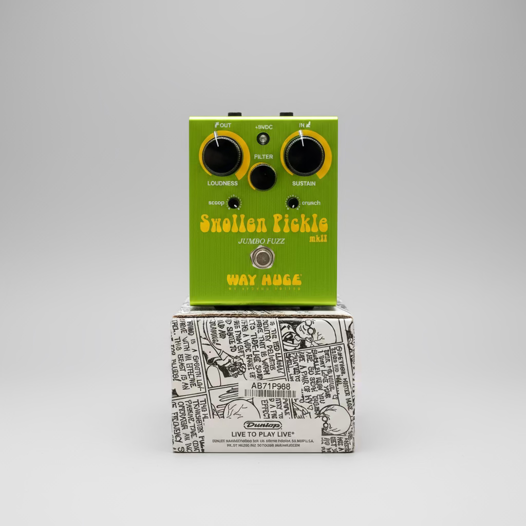 Green guitar effects pedal with 'Swollen Pickle' branding on a box.