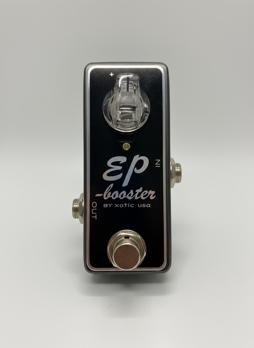 Guitar effects pedal labeled 'EP Booster by Xotic USA' on a gray surface