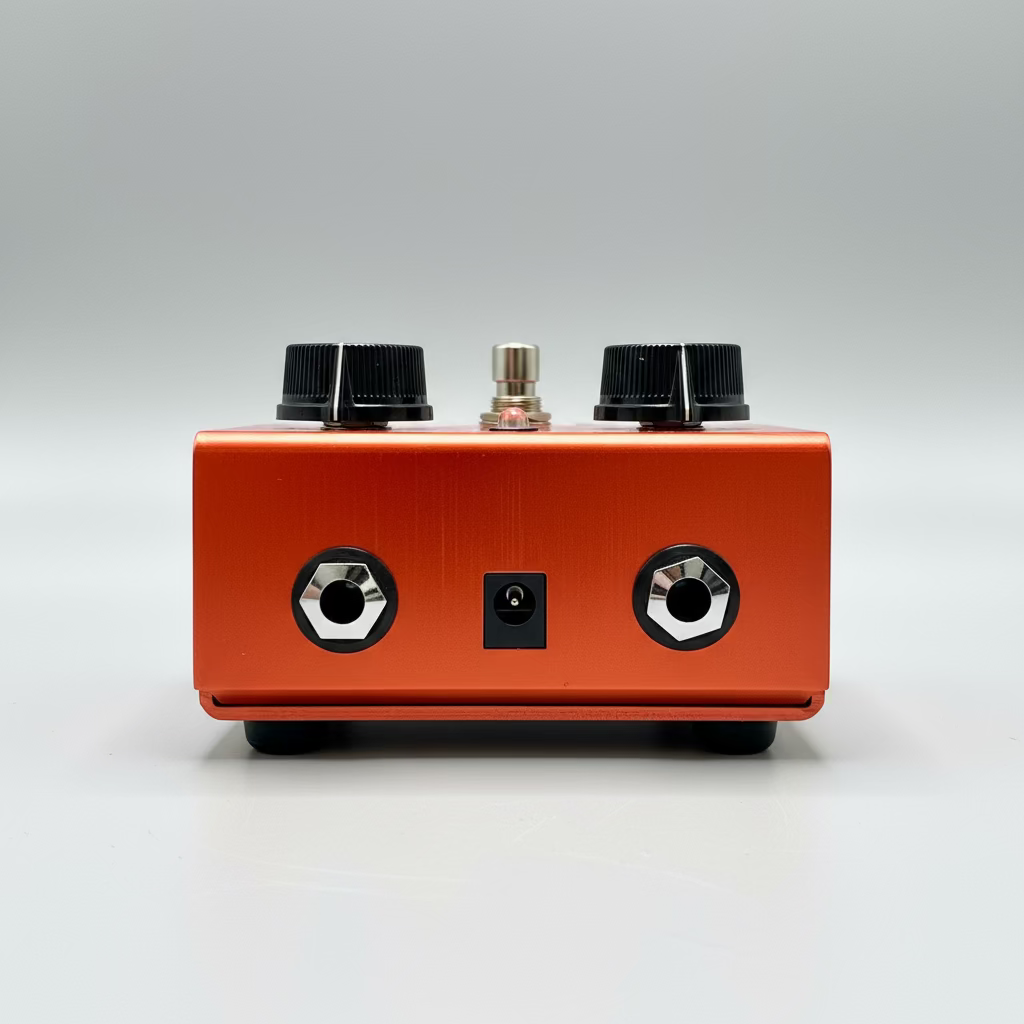 Red electronic pedal with knobs and jacks on a wooden surface