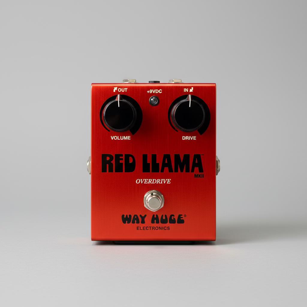 Red Llama overdrive pedal by Way Huge Electronics on a wooden surface.