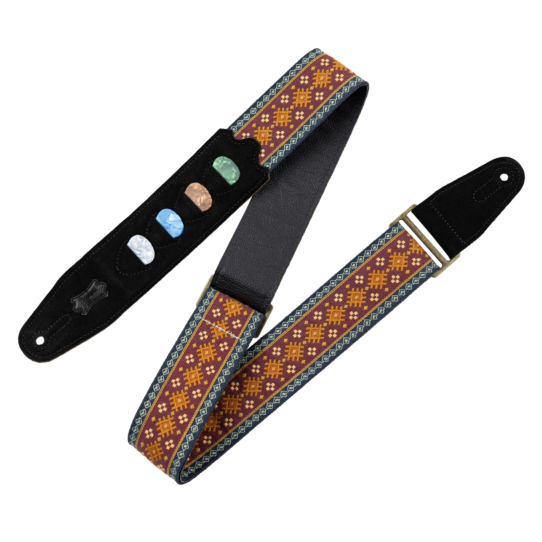 Levy's Original Hootenanny Series Guitar Strap, Pick Holder  - Jacquard Red - Metronome Music Inc.