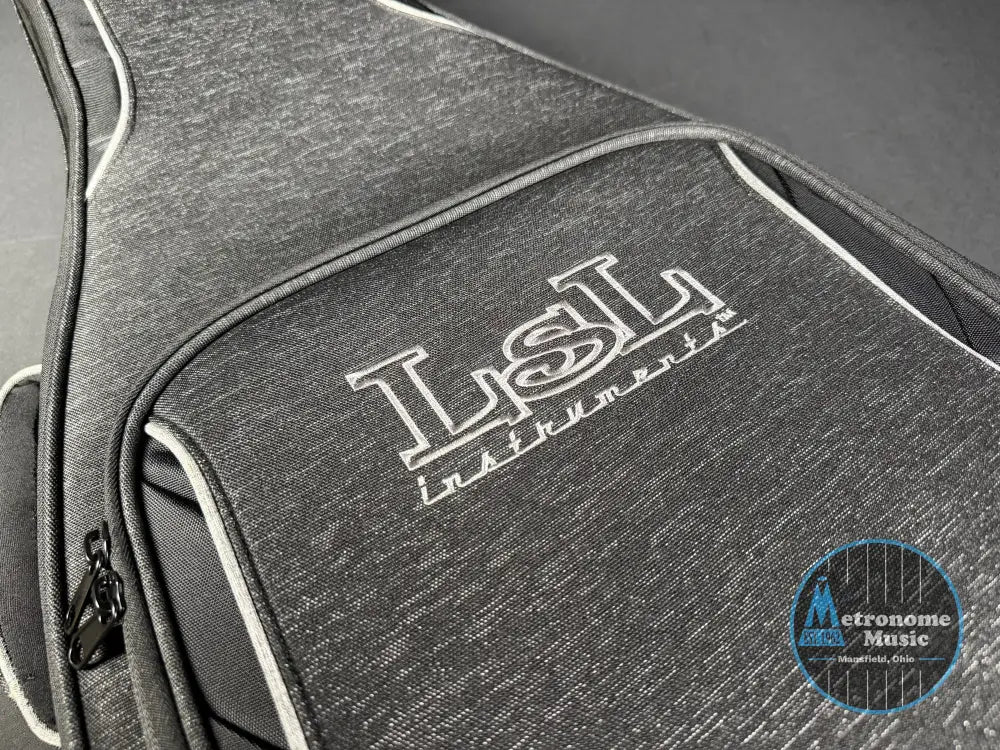 Gray guitar case with 'LSL Instruments' logo on a dark background
