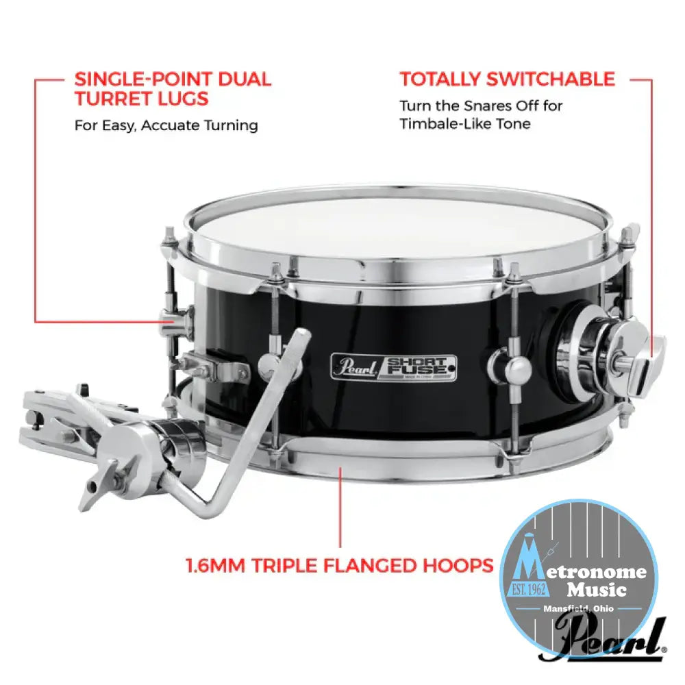 Pearl Short Fuse 10’’x4.5’’ Snare w/Mount & Clamp Jet Black - Snare Drum