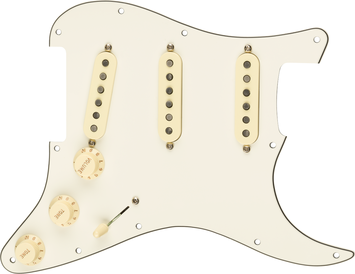 Fender Pre-Wired Strat Pickguard, Custom Shop Custom '69 SSS, Parchment 11 Hole PG - Metronome Music Inc.